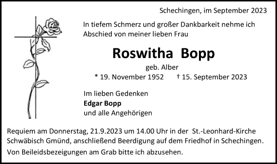 Traueranzeige von Roswitha Bopp