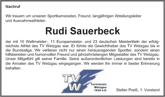 Traueranzeige von Rudi Sauerbeck von Gmünder Tagespost