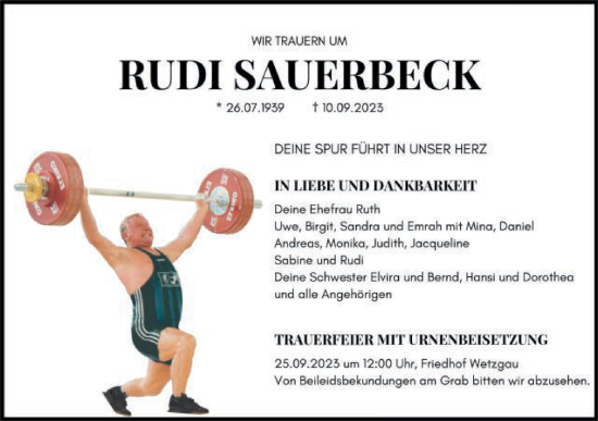 Traueranzeige von Rudi Sauerbeck von Gmünder Tagespost