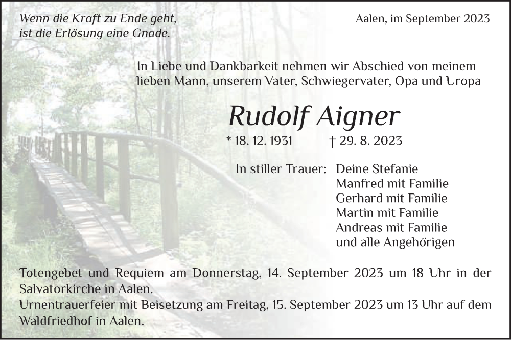 Traueranzeige für Rudolf Aigner vom 12.09.2023 aus Schwäbische Post