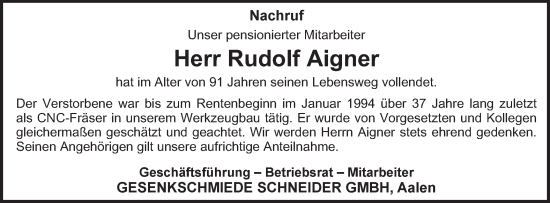 Traueranzeige von Rudolf Aigner von Schwäbische Post