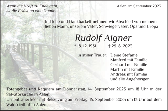 Traueranzeige von Rudolf Aigner von Schwäbische Post