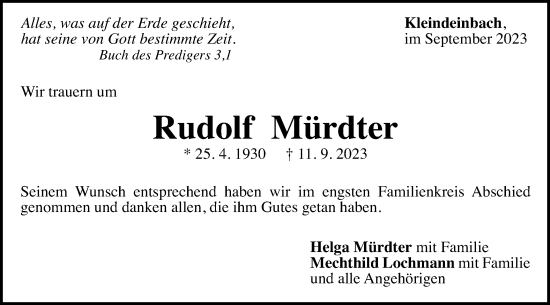 Traueranzeige von Rudolf Mürdter von Gmünder Tagespost