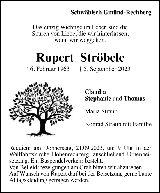 Traueranzeige von Rupert Ströbele von Gmünder Tagespost