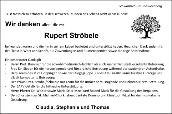 Traueranzeige von Rupert Ströbele von Gmünder Tagespost