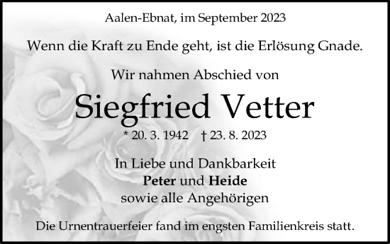 Traueranzeige von Siegfried Vetter von Schwäbische Post