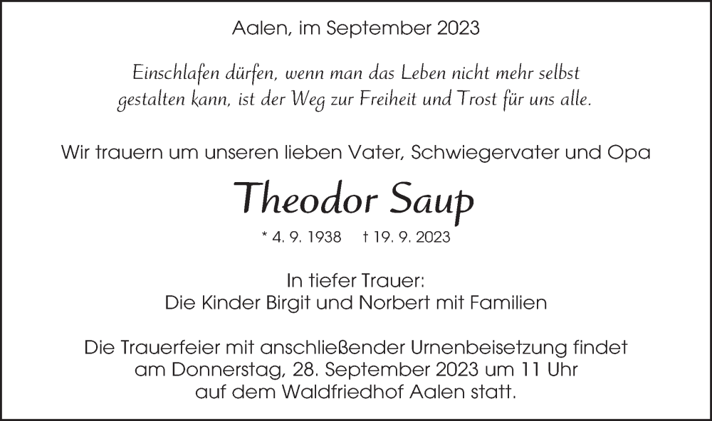  Traueranzeige für Theodor Saup vom 25.09.2023 aus Schwäbische Post