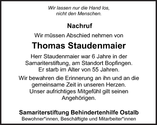 Traueranzeige von Thomas Staudenmaier von Schwäbische Post