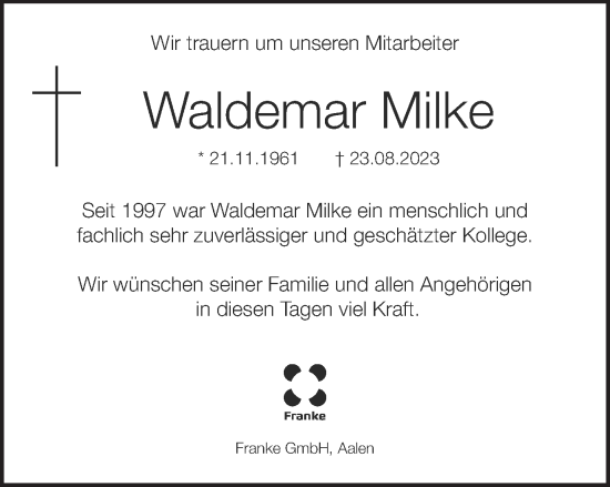 Traueranzeige von Waldemar Milke von Schwäbische Post