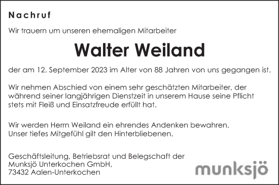 Traueranzeige von Walter Weiland von Schwäbische Post