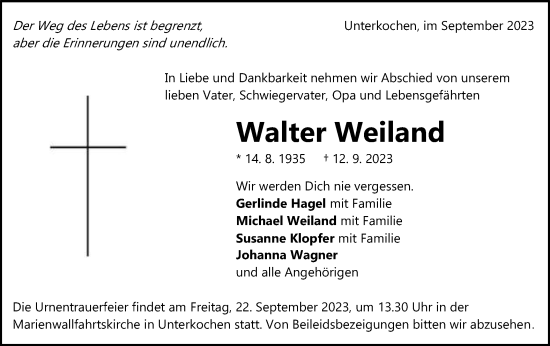 Traueranzeige von Walter Weiland von Schwäbische Post