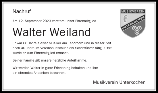 Traueranzeige von Walter Weiland von Schwäbische Post