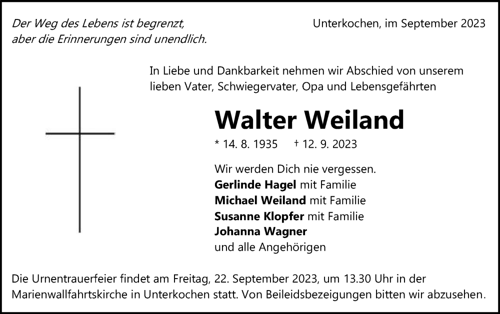  Traueranzeige für Walter Weiland vom 19.09.2023 aus Schwäbische Post