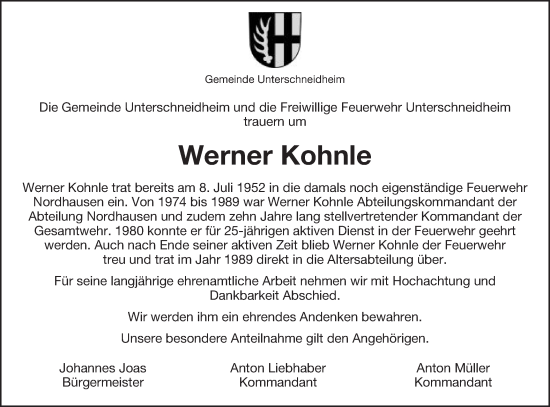 Traueranzeige von Werner Kohnle von Schwäbische Post