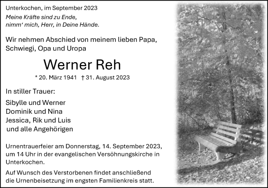 Traueranzeige von Werner Reh von Schwäbische Post