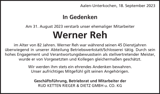 Traueranzeige von Werner Reh von Schwäbische Post