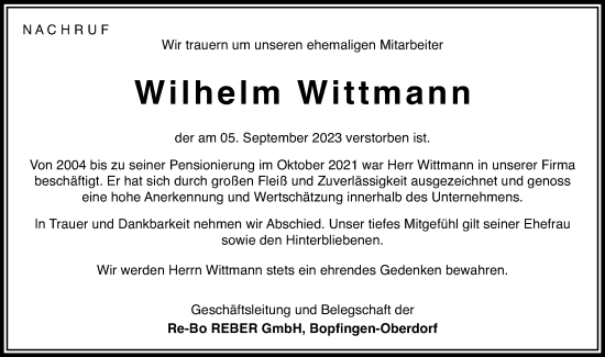 Traueranzeige von Wilhelm Wittmann von Schwäbische Post