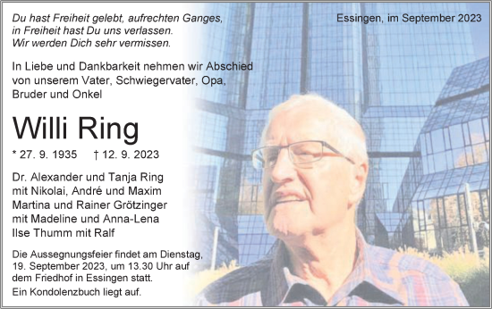 Traueranzeige von Willi Ring von Schwäbische Post