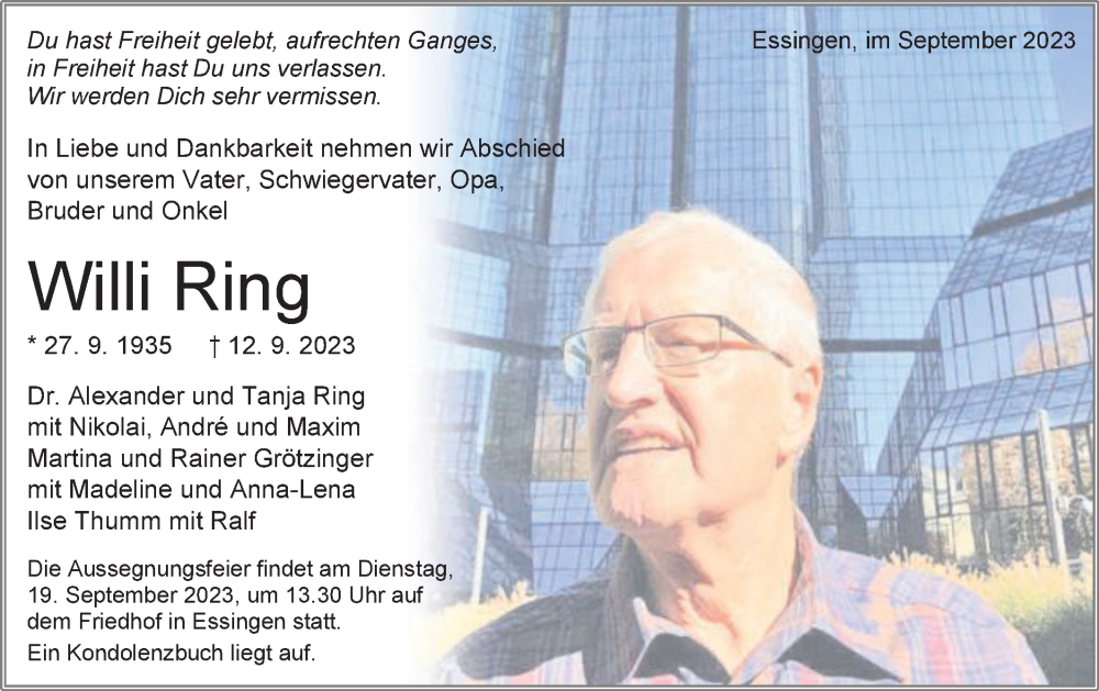  Traueranzeige für Willi Ring vom 16.09.2023 aus Schwäbische Post