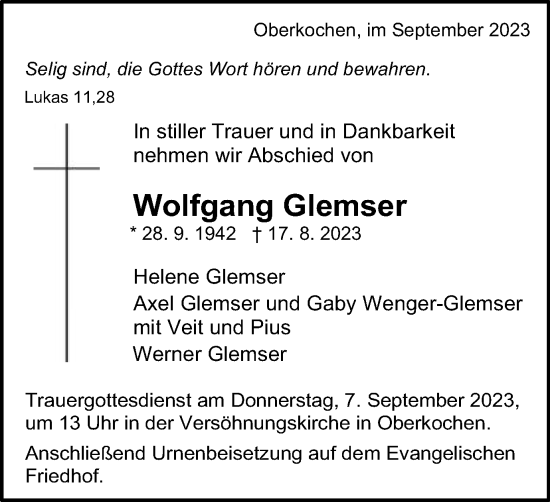Traueranzeige von Wolfgang Glemser von Schwäbische Post