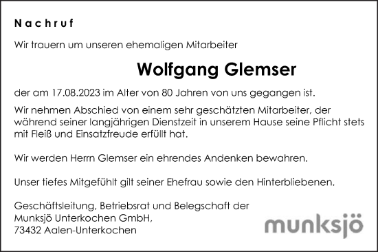 Traueranzeige von Wolfgang Glemser von Schwäbische Post