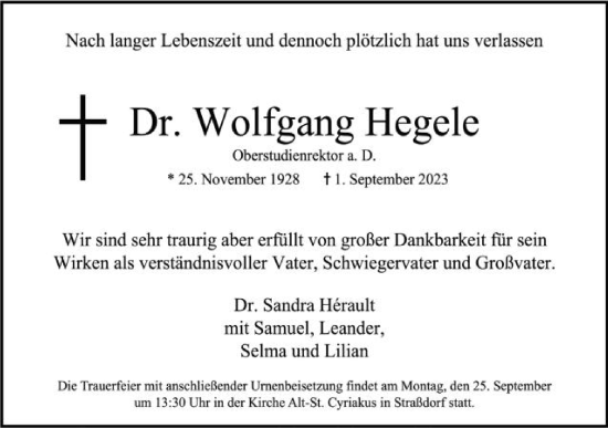Traueranzeige von Wolfgang Hegele von Gmünder Tagespost