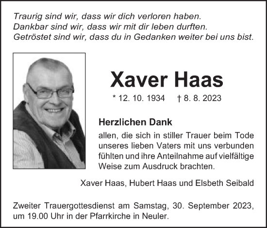 Traueranzeige von Xaver Haas von Schwäbische Post