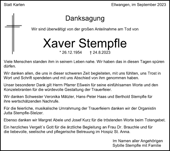 Traueranzeige von Xaver Stempfle von Schwäbische Post