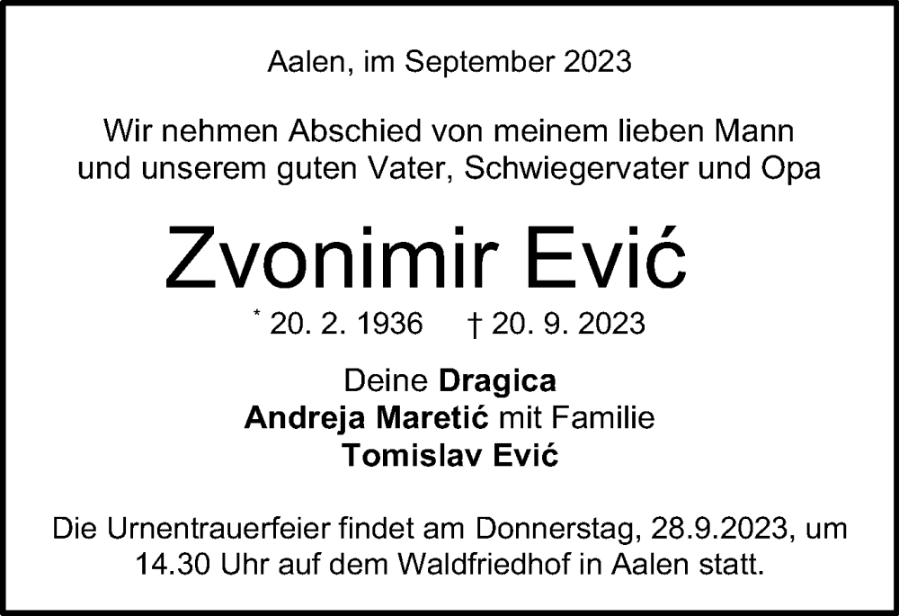  Traueranzeige für Zvonimir Evic vom 27.09.2023 aus Schwäbische Post