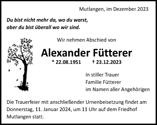 Traueranzeige von Alexander Fütterer von Gmünder Tagespost