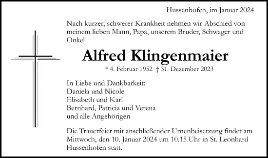Traueranzeige von Alfred Klingenmaier von Gmünder Tagespost