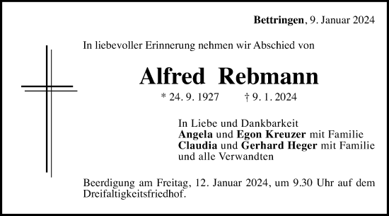 Traueranzeige von Alfred Rebmann von Gmünder Tagespost