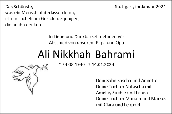Traueranzeige von Ali Nikkhah-Bahrami von Gmünder Tagespost