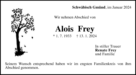Traueranzeige von Alois Frey von Gmünder Tagespost