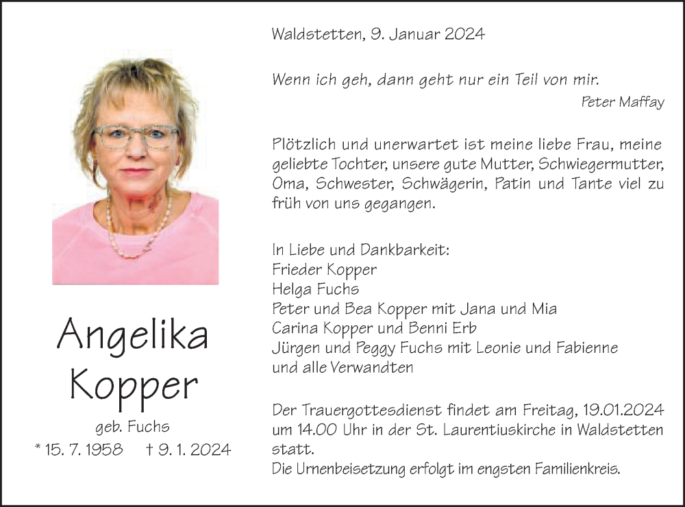  Traueranzeige für Angelika Kopper vom 13.01.2024 aus Gmünder Tagespost