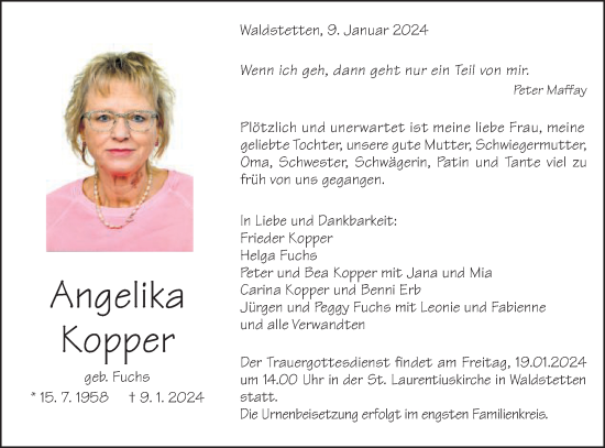 Traueranzeige von Angelika Kopper von Gmünder Tagespost