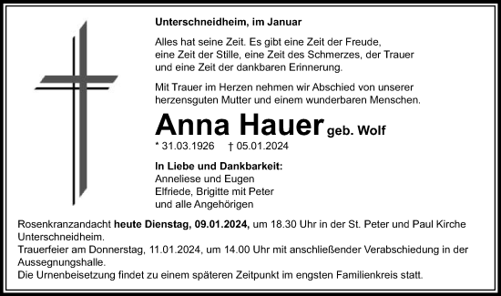 Traueranzeige von Anna Hauer von Schwäbische Post