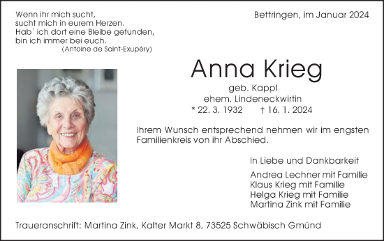 Traueranzeige von Anna Krieg