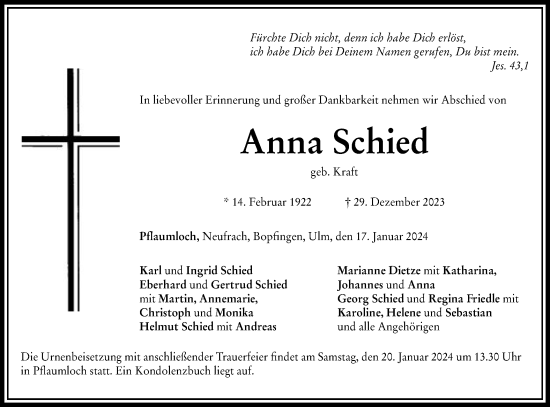 Traueranzeige von Anna Schied von Schwäbische Post