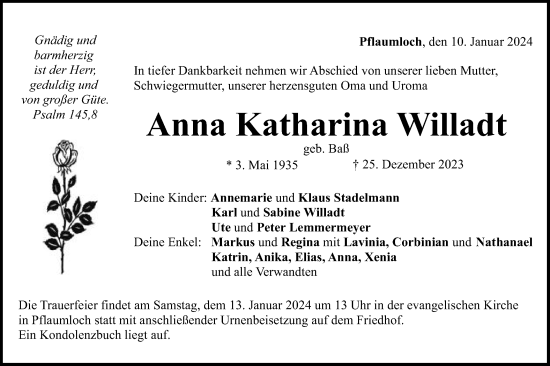 Traueranzeige von Anna Katharina Willadt von Schwäbische Post