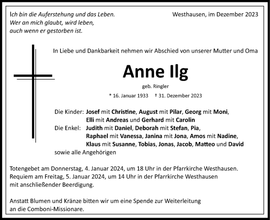 Traueranzeige von Anne Ilg von Schwäbische Post