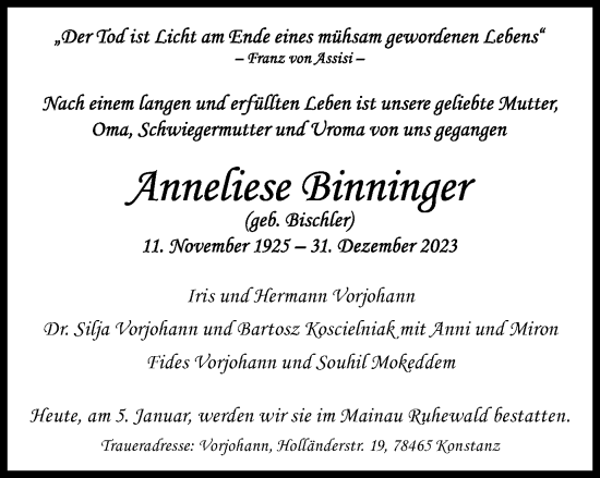 Traueranzeige von Anneliese Binninger von Schwäbische Post