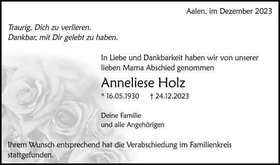 Traueranzeige von Anneliese Holz von Schwäbische Post