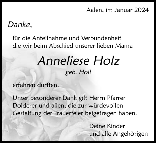 Traueranzeige von Anneliese Holz von Schwäbische Post