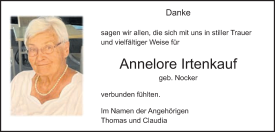 Traueranzeige von Annelore Irtenkauf von Schwäbische Post