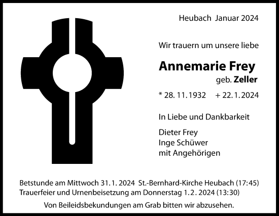 Traueranzeige von Annemarie Frey von Gmünder Tagespost