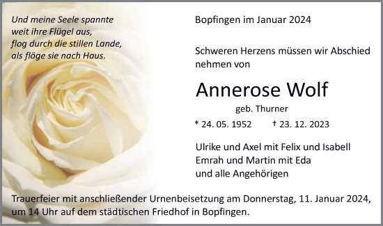 Traueranzeige von Annerose Wolf von Schwäbische Post