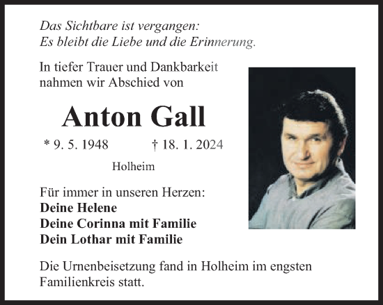 Traueranzeige von Anton Gall von Schwäbische Post