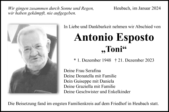 Traueranzeige von Antonio Esposto von Gmünder Tagespost