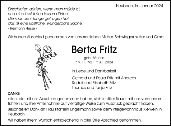 Traueranzeige von Berta Fritz von Gmünder Tagespost